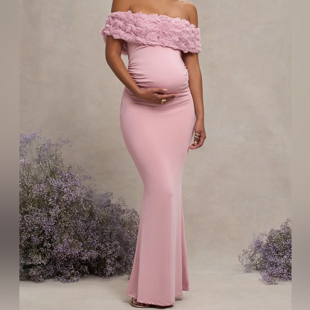 Club London Maternity Off-Shoulder Pink Maxi Dress
